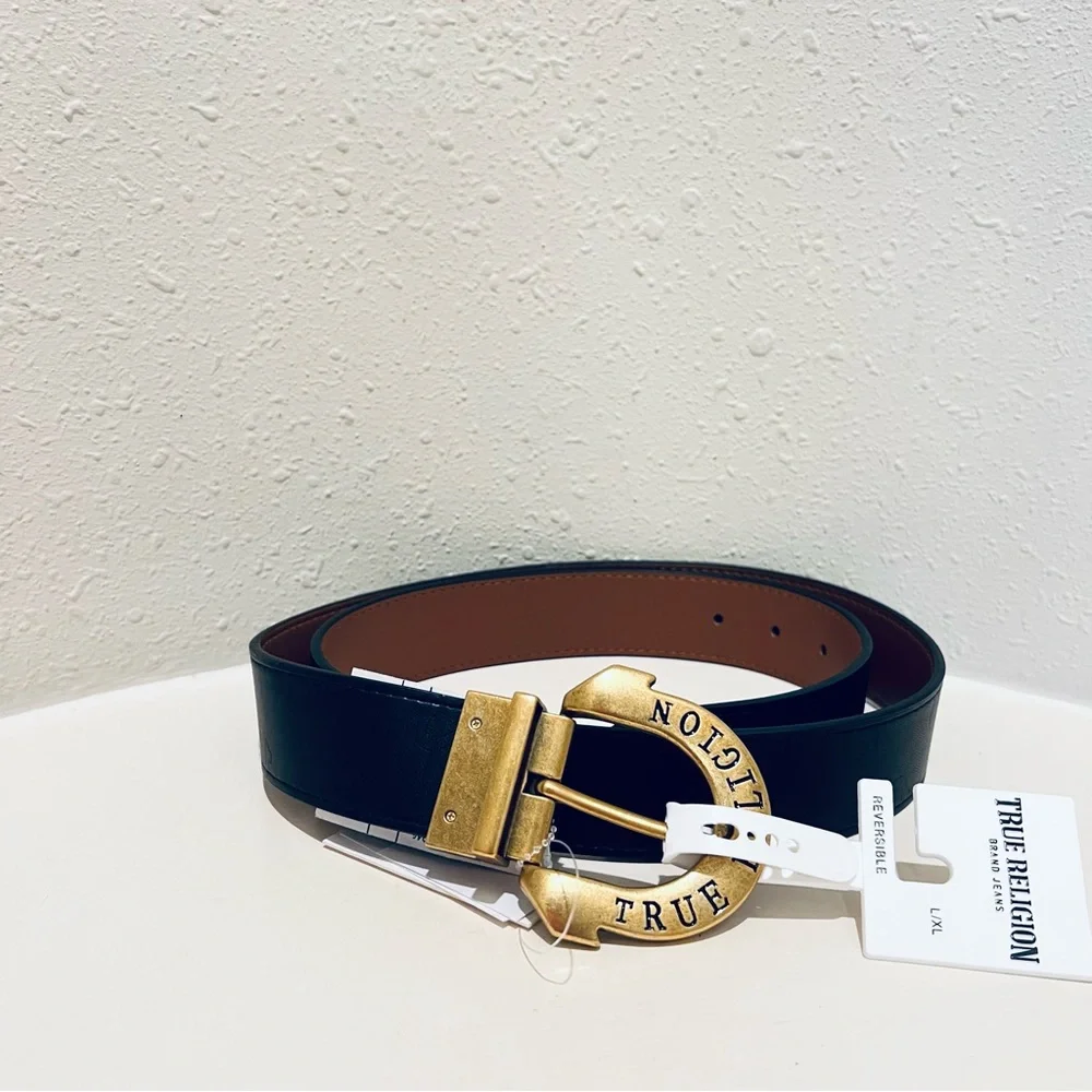 True Religion Women’s Horseshoe Harness Gold Buckle Reversible Belt Sz L-XL NWT